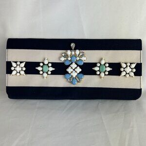 Shira Leah Women's Clutch Bag Blue/Tan Stiped Beaded Embellished Evening bag
